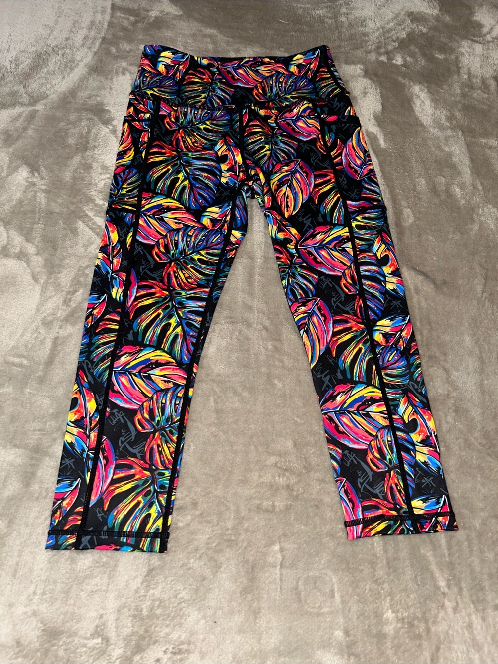 Constantly Varied Gear Black Leggings with Neon Leaf Print X-Small